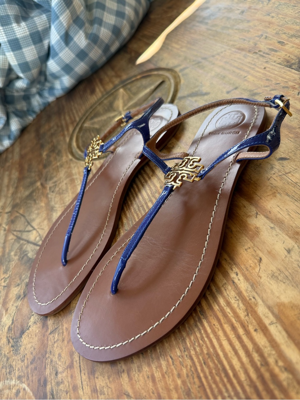 Tory Burch Designer Melinda Blue T Strap Sandals Slingback Flat 8